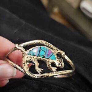 Silver Lizard Bracelet with Turquoise and Purple Inlay